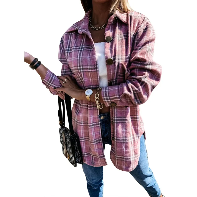 Checkered Shirt Women\'s 2021 Autumn/Winter New Loose Medium Long Woolen Jacket For Women