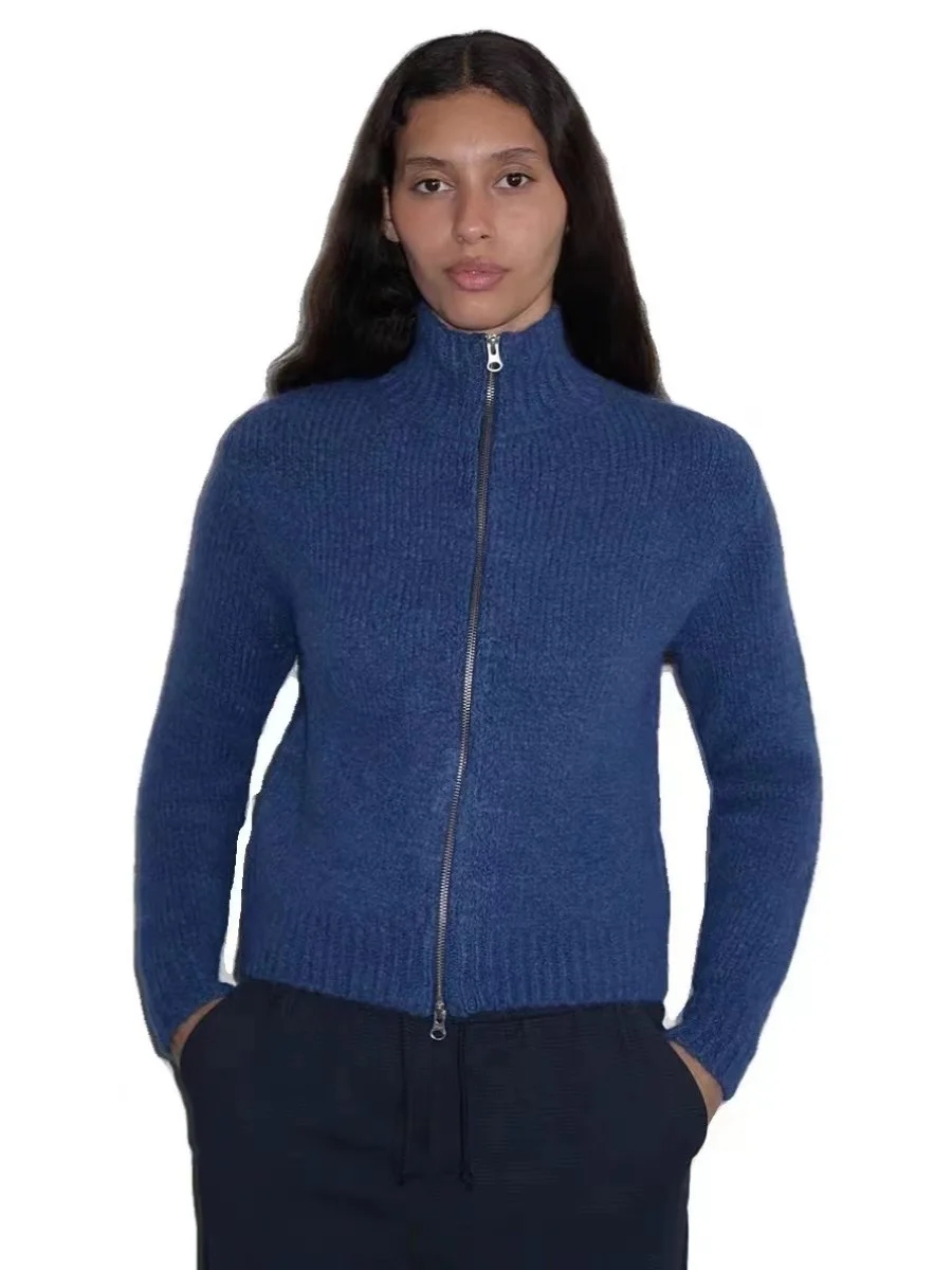 سترة صوفية ناعمة محبوكة بياقة زرقاء بسحاب ونقش زهور مطرز، كارديجان بياقة عالية للخريف والشتاء