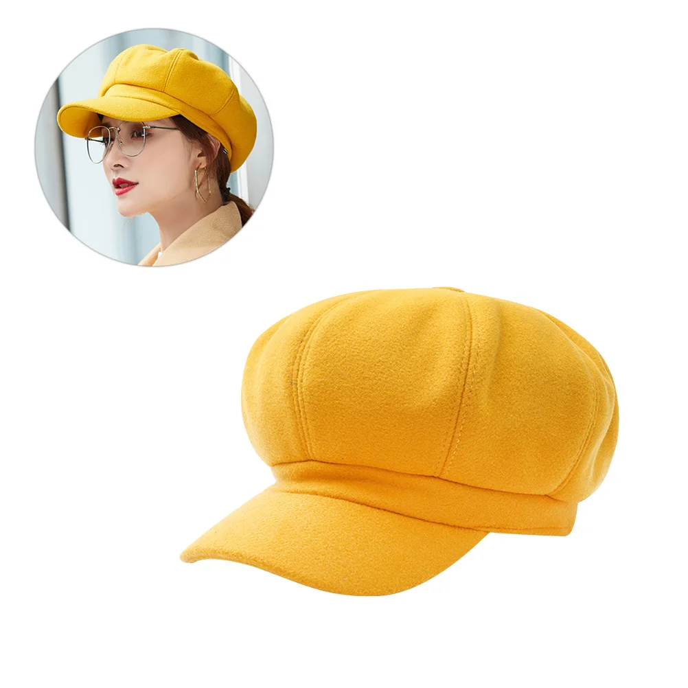 

1Pcs Yellow Woolen Octagonal Beret Warm Stylish Autumn Winter Hat Lightweight Comfortable Fashion Peaked Cap Beret