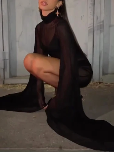 Imagen 2 del producto Mini vestido de playa transparente para mujer, traje de baño de cuello alto con manga acampanada, ropa de playa de verano