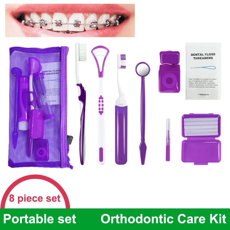 

Набор для ухода за зубами из 8 предметов: многоцветные зубные щетки, воск для чистки зубов, инструменты для чистки, сетчатый мешок, складные межзубные щетки, зубная нить, восковые нити