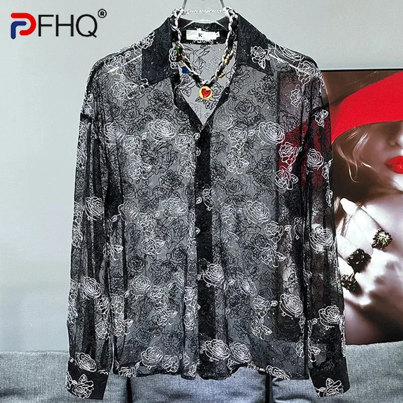 PFHQ Light Luxury Perspective Long Sleeve Men's Shirts Summer Sexy Loose Chic Thin Print Temperament Sun Protection Tops 21Z4859