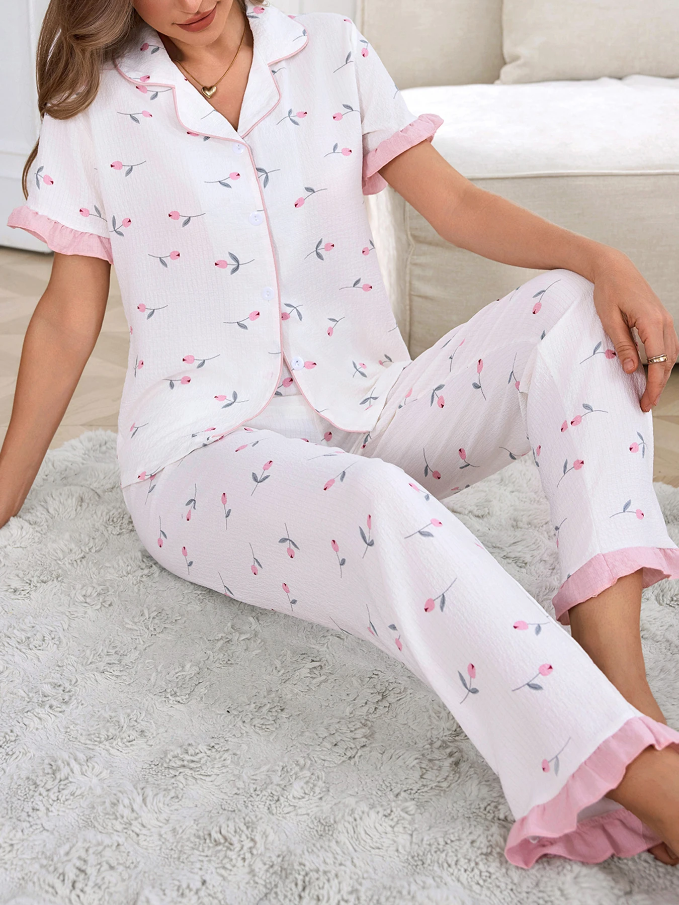 Frühling Sommer Herbst Winter Damen 2-teiliger süßer rosa Tulpenmuster fließende Bluse Kurzarmhose Homewear Schlafanzug