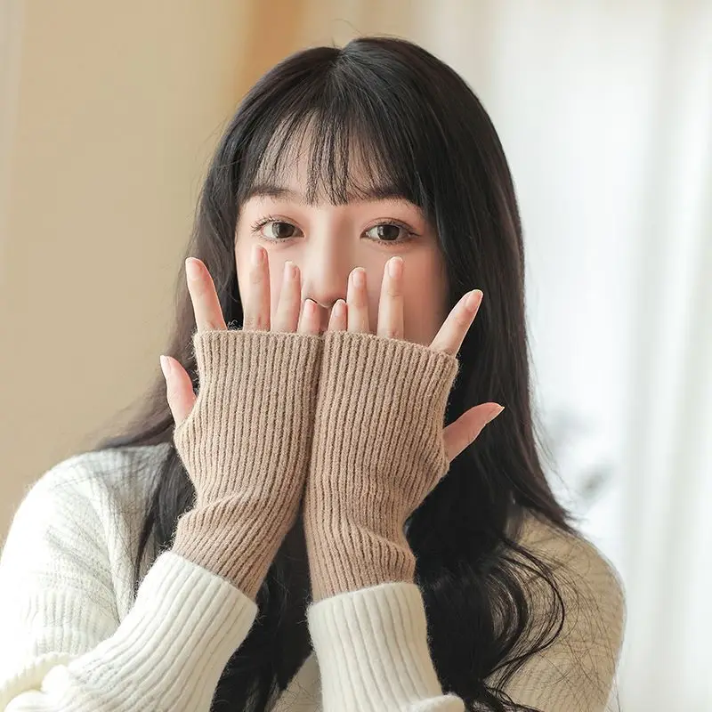 Winter Student Half Finger Plush Gloves Versatile Warm No Finger Writing Knitted Half Exposed Finger Gloves Wrist Protection