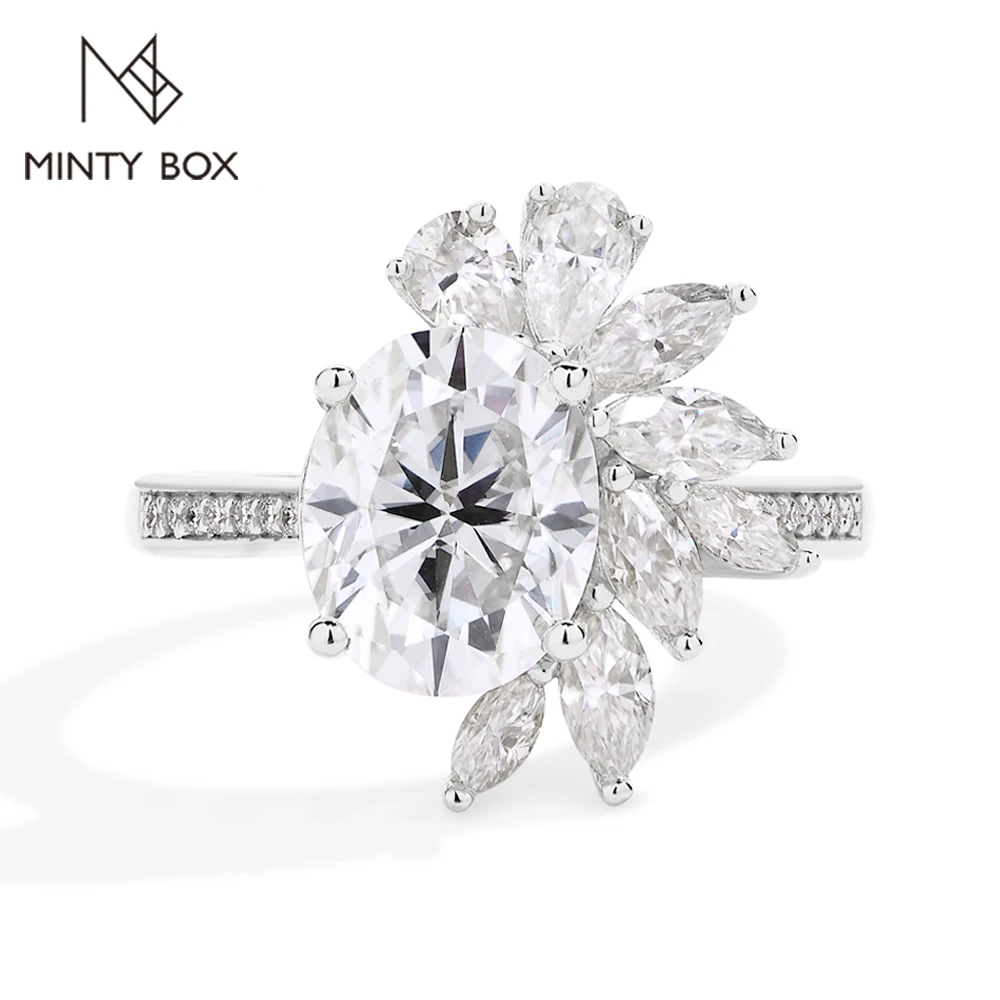 MINTYBOX 3.0ct Oval Engagement Ring with Marquise & Pear Halo Lab Diamond S925 Sterling Silver Moissanite Rings For Women Gift