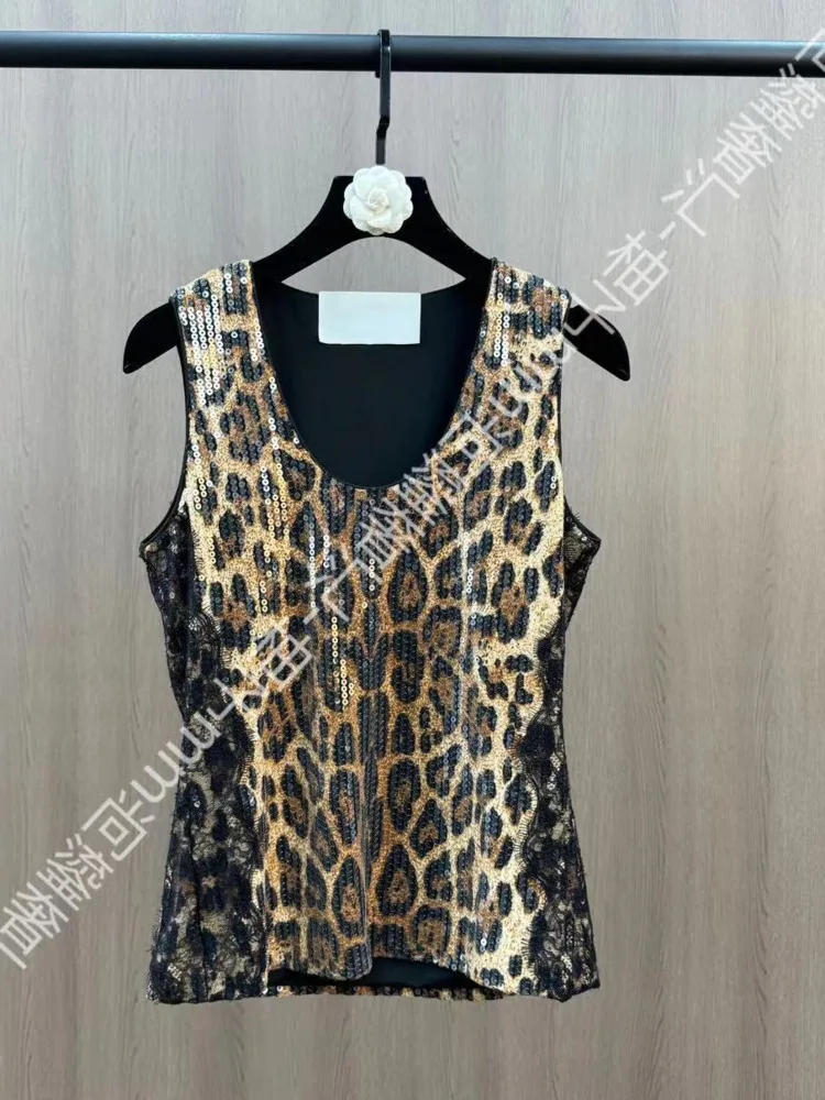 [ZOCI] New Round Neck Sleeveless Heavy Industry Sequin Patchwork Lace Leopard Print Vest Paired Shorts Two-piece