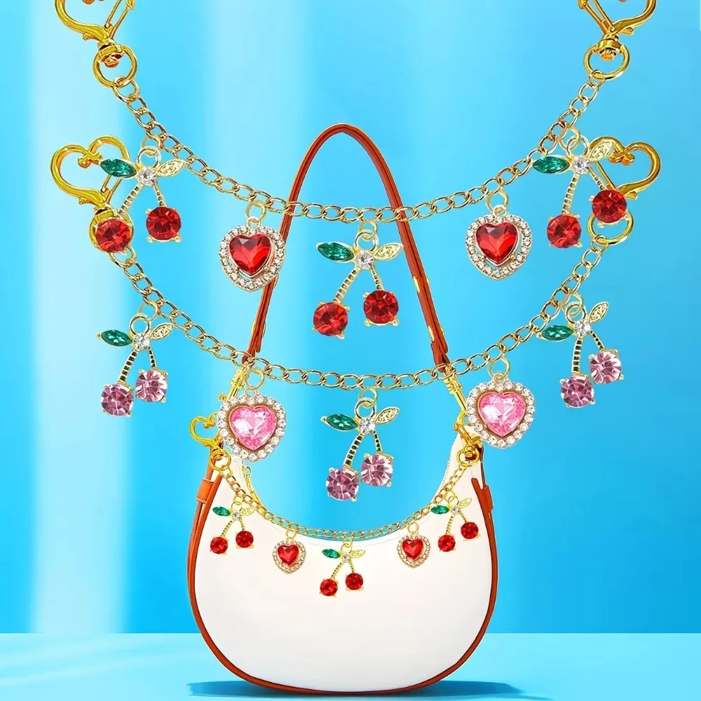 Sweet Alloy Bag Charm Cherry Heart Shape Glass Stone Inlaid Handbag Dangle Key Chain Ornament Daily