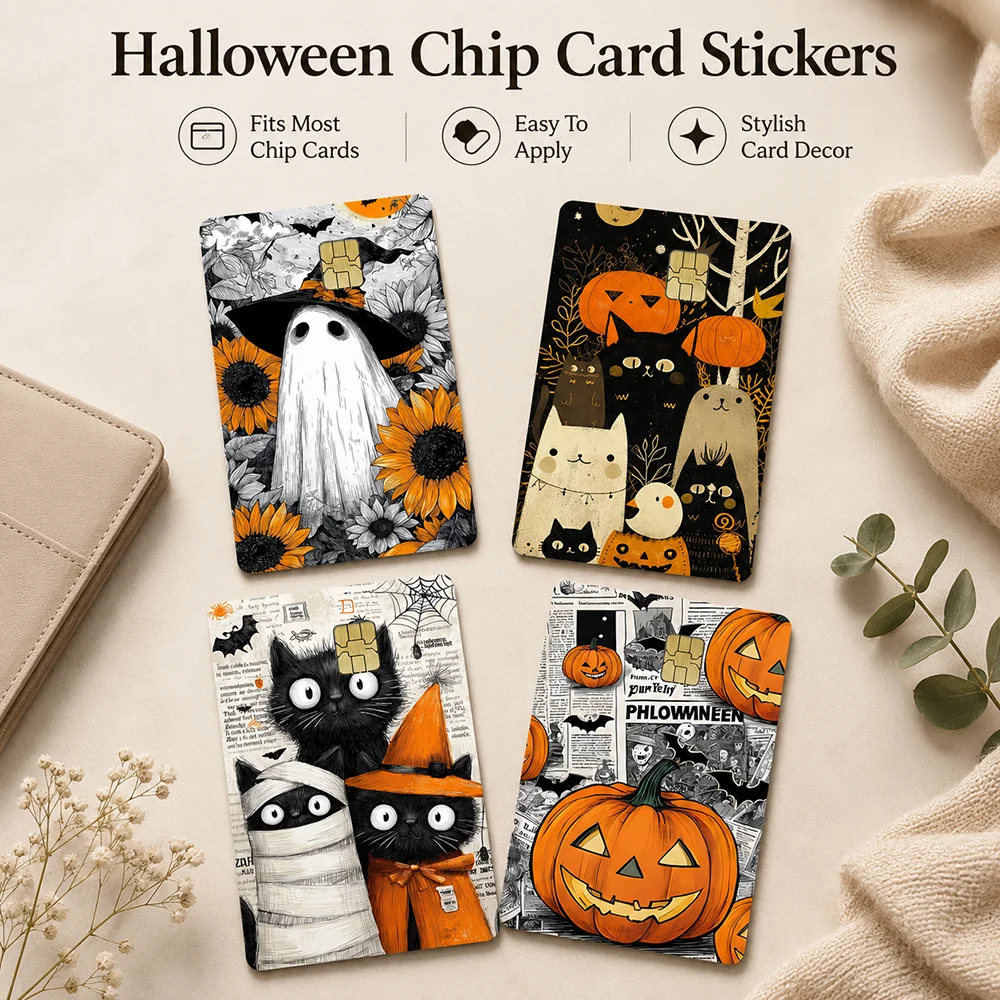 Halloween Chip Card Sticker Cute Pumpkin Ghost Cat Pattern Bank Card Skin Decal For Debit Credit Transit Cards Decorative Cover