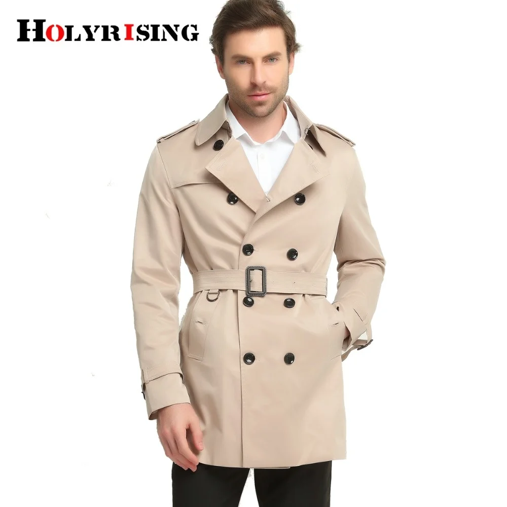 Holyrising trench coat men slim windbreak male turn collar wind double button outwear with belt spring #17658