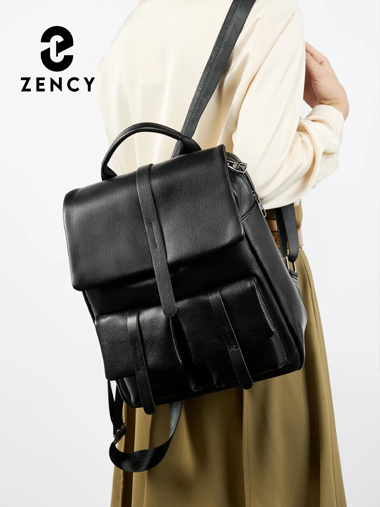 Zency Soft Women's Genuine Leather Multi-functional Travel Backpack Large Capacity Shoulder Classic Black Back Knapsack Bag