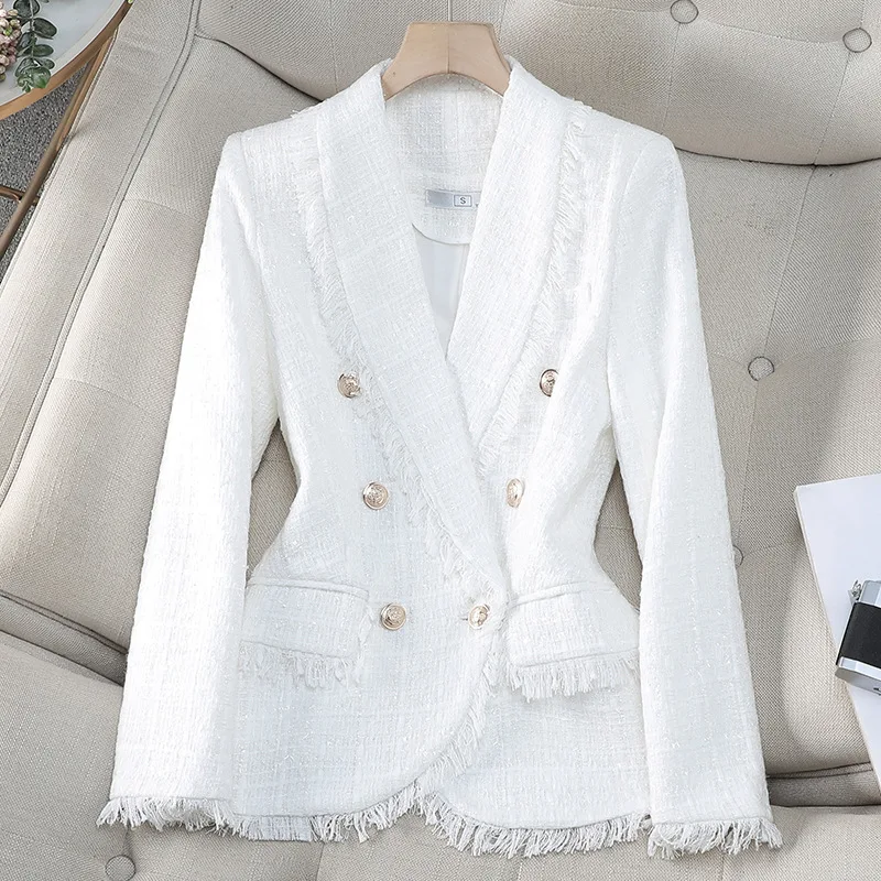 Small Fragrance Jacket Women Blazers 2025 Spring Autumn New Slim Temperament Double-breasted Gold Line Blazer Female Outerwear