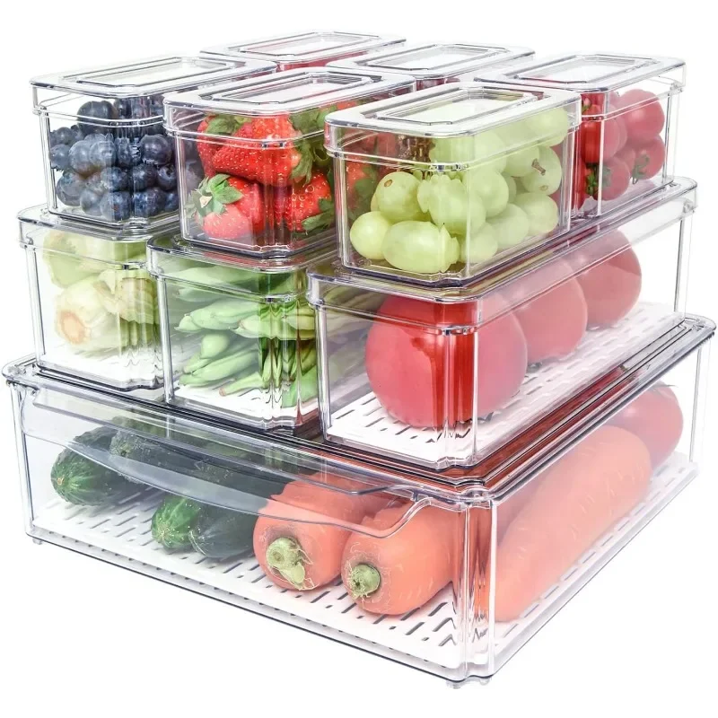 10 Pack Fridge Organizer, Stackable Refrigerator Organizer Bins with Lids, BPA-Free Produce Fruit Storage Containers