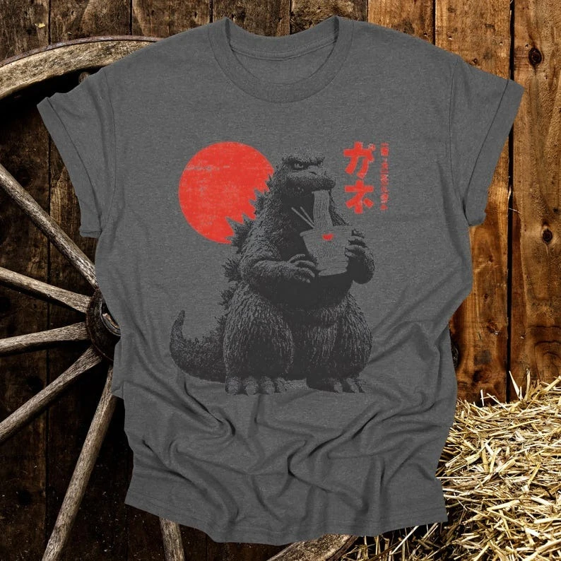 Funny Godzilla Vintage Print Cotton Short Sleeve T-Shirt Men Women Clothes Summer Short-Sleeve Casual Japanese Food Lover Gift - view 4