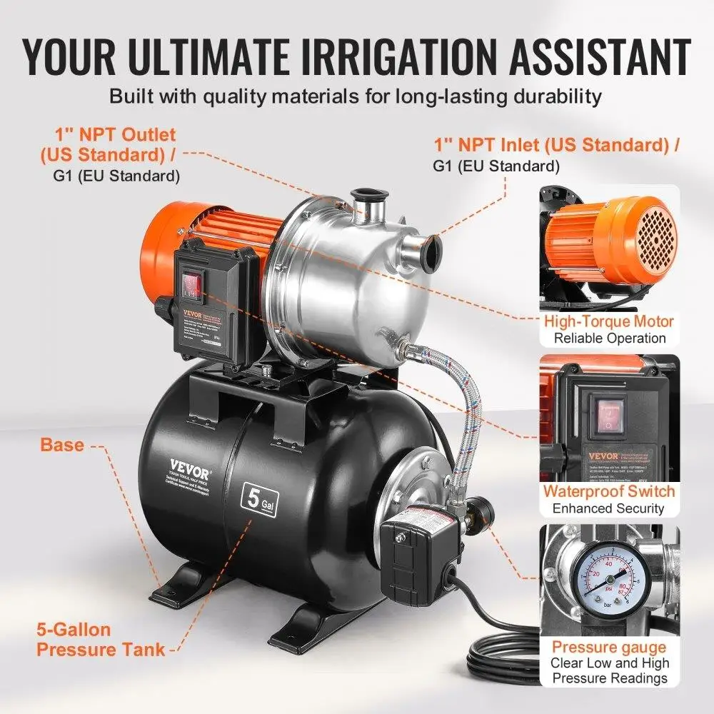 1. High Efficiency Shallow Well Pump with Pressure Tank 1320GPH Water Irrigation Booster Pump