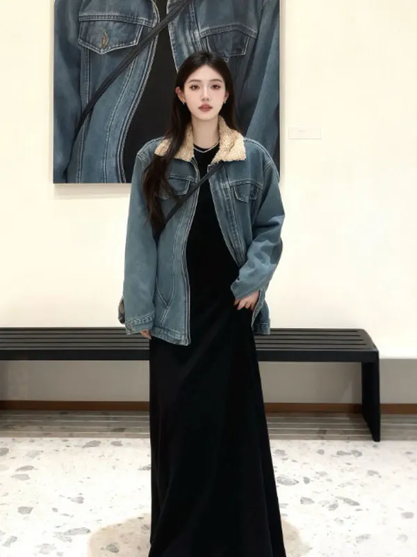 

Korean Sle Unique Super Cute Stand Collar Lamb Fur ort Denim Jaet Loose Winter Outerwear for Young Women Travel Wear