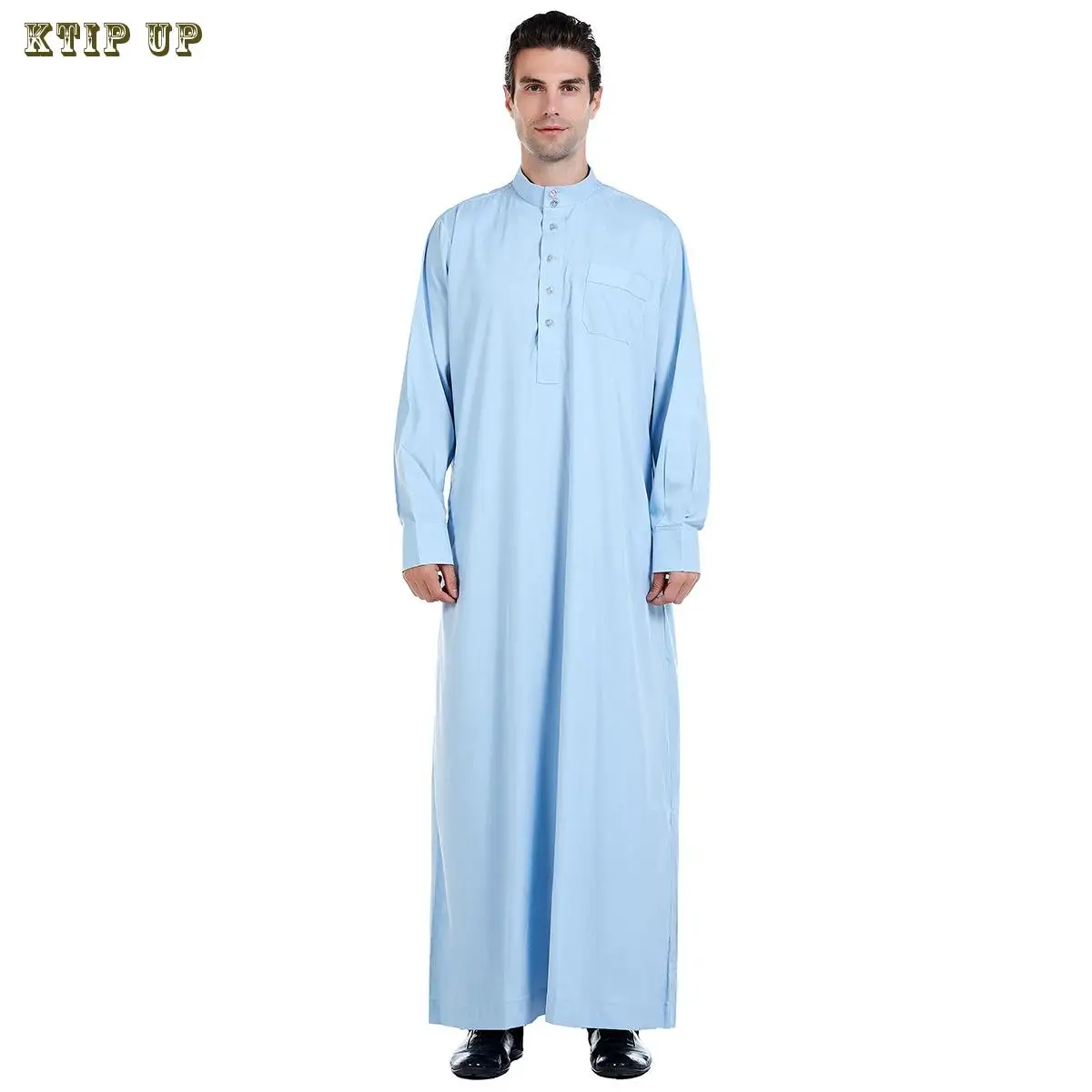 Moslim Robe Wit Gele Mannen Caftan Lange Mouw Ronde Knoop Moslim Kleding Ademend Eid Midden-Oosten Jubba Thobe Geschenk Arabisch