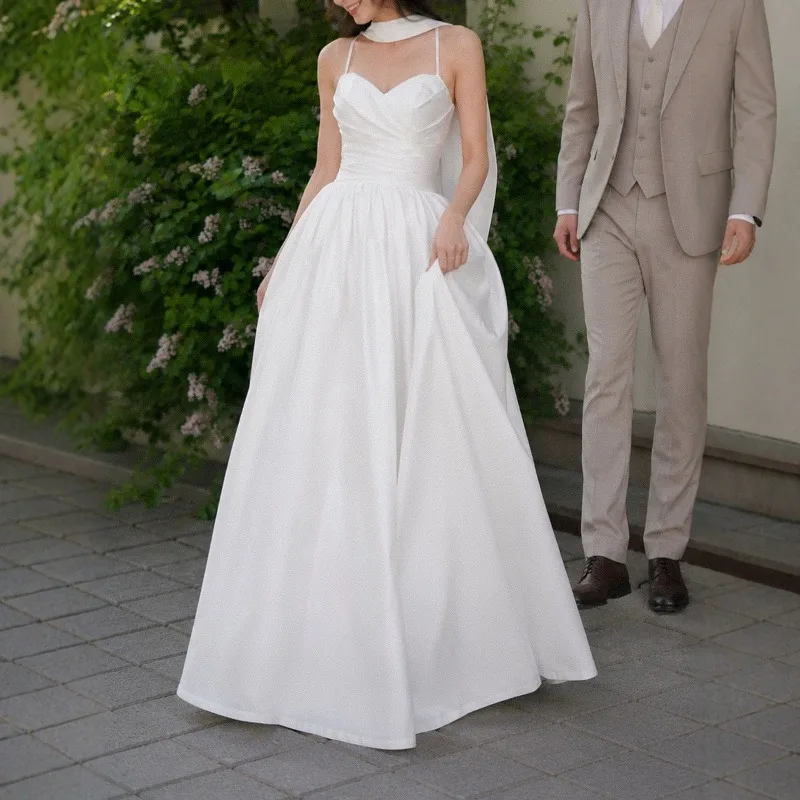 Elegant Satin A‑Line Wedding Dress Women Spaghetti Strap Sweetheart Neck Floor Length Bridal Gown With Scarf Vestido De Novia