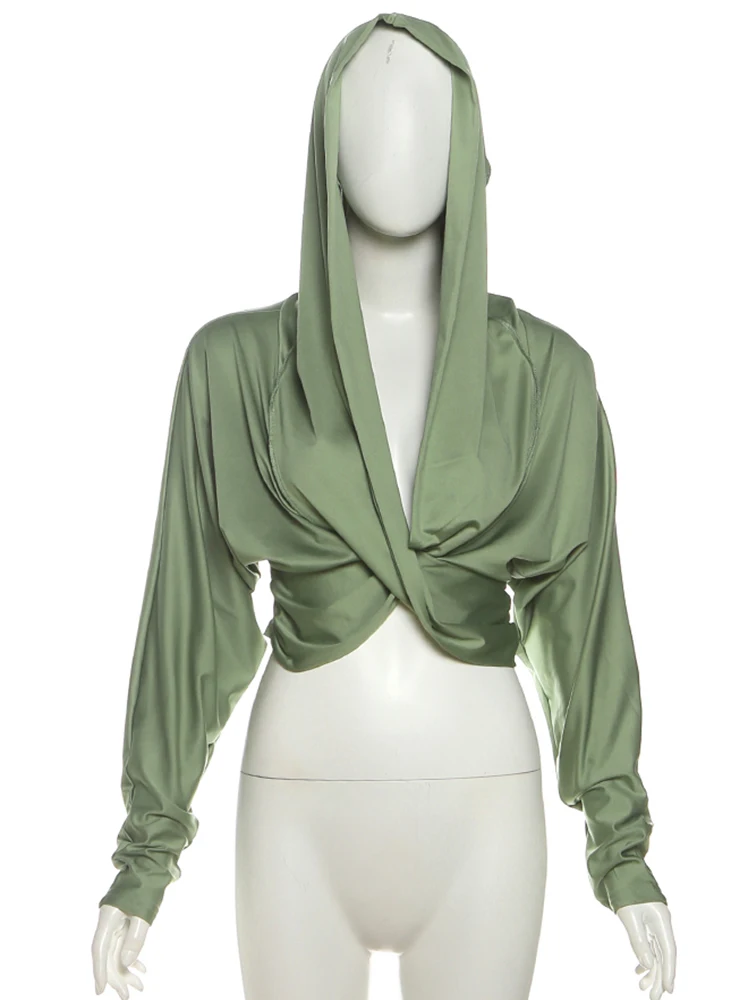 Nibber Ruched Sexy Hooded T-Shirts Woman Cross V-Neck Full Sleeve Navel Exposed Skinny Stretch Hot Girls High Street Style Tops image 5