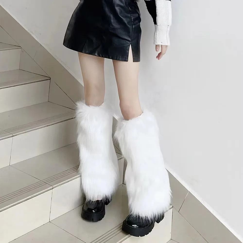 

1pair Soft Fluffy Faux Fur Leg Warmers Solid Color Thick Warm Knee Sleeve Elastic Comfortable Long Fuzzy Foot Covers