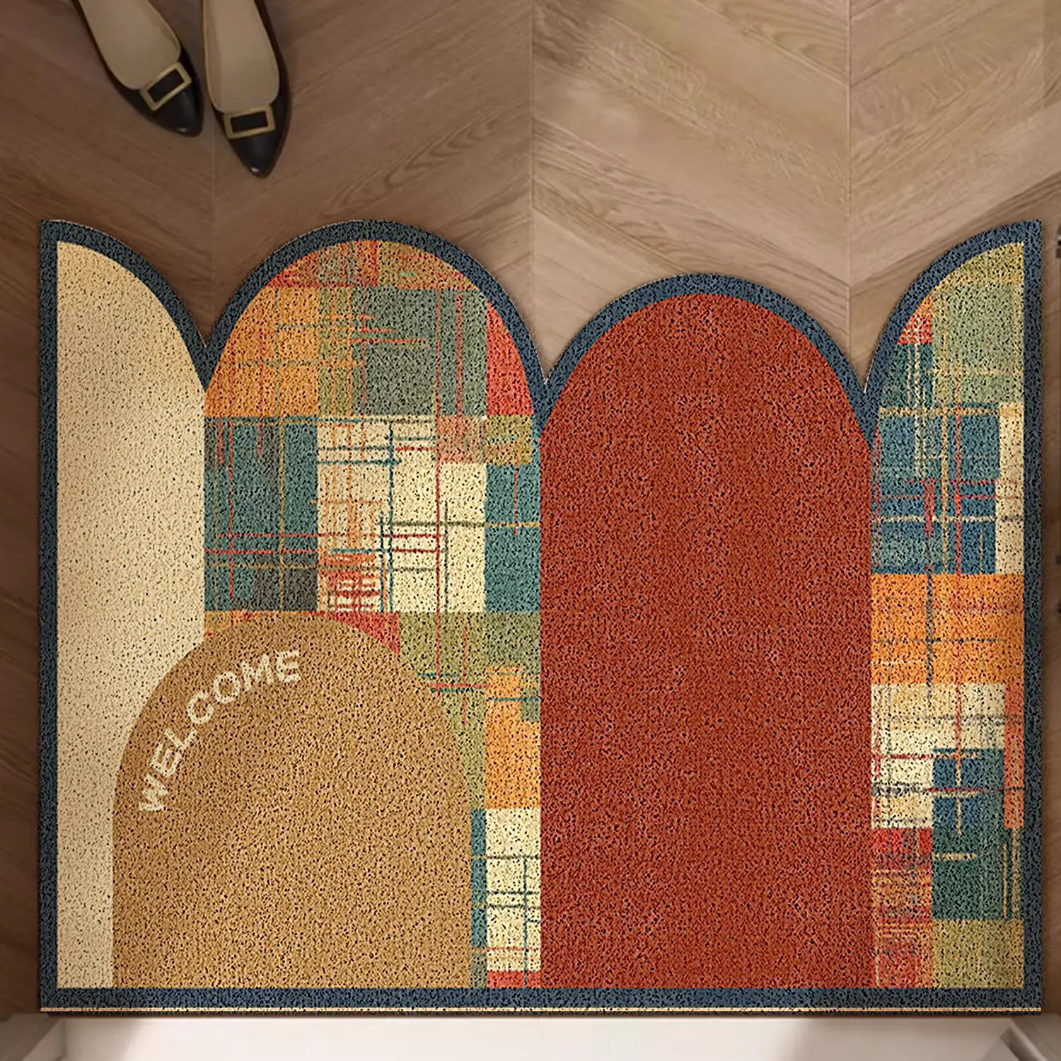 Nordic Boho Abstract Arch Geometric PVC Coil Doormat Dirt Catching Washable Non‑Slip Front Entrance Rug Home Floor Decor