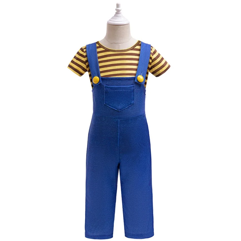 Gestreifte Kurzarmhemden, blaue Glitzer-Overalls, 2-teiliges Kinder-Cartoon-Cosplay-Outfit, Jungen-Halloween-Geburtstagsparty-Kostüm TAN06