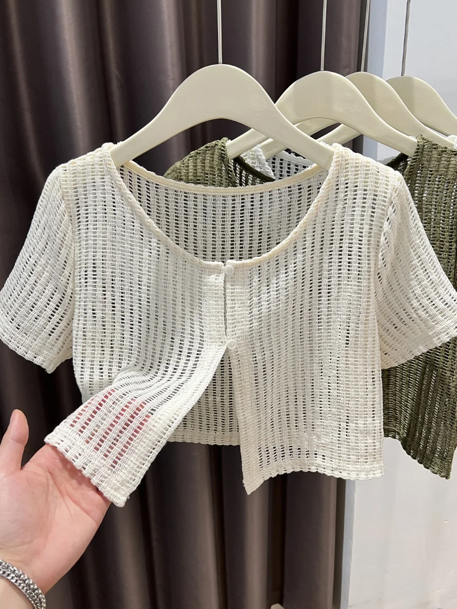

Lace Ice Silk ort Sve Knitted Open Cardigan Women's Summer Thin Sle with Sling Dr oulder Wrap Outer Skirt Trendy