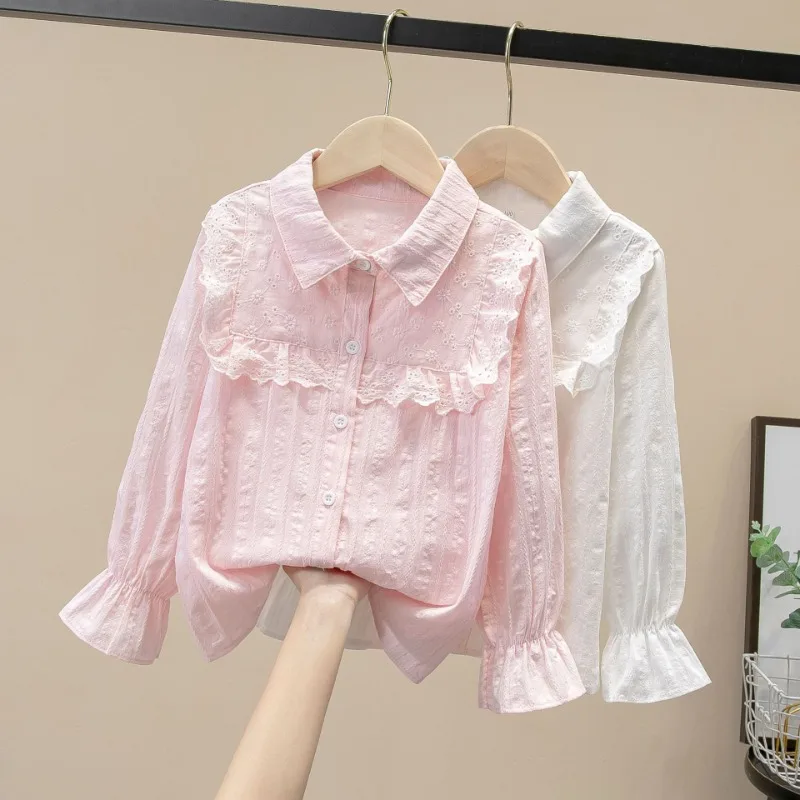 

4-15 Years Autumn School Girls White Lace Blouse Preppy Style Clothes Girls Cotton Tops Kids Shirt Long Sleeve Children Clothing
