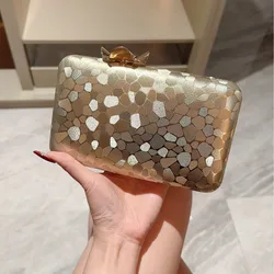 New Stone Skin Evening Bags Gold Leather Wedding Dinner Bags Party Banquet Bags with Chain Mini Pillow Clutch Shoulder Purse