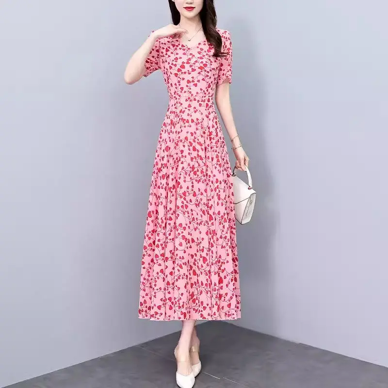 Chiffon Dress 2024 Fashion Short Sleeve New Women's Summer Waist Slimming And Elegance Tea Break French Design Long Dress K545