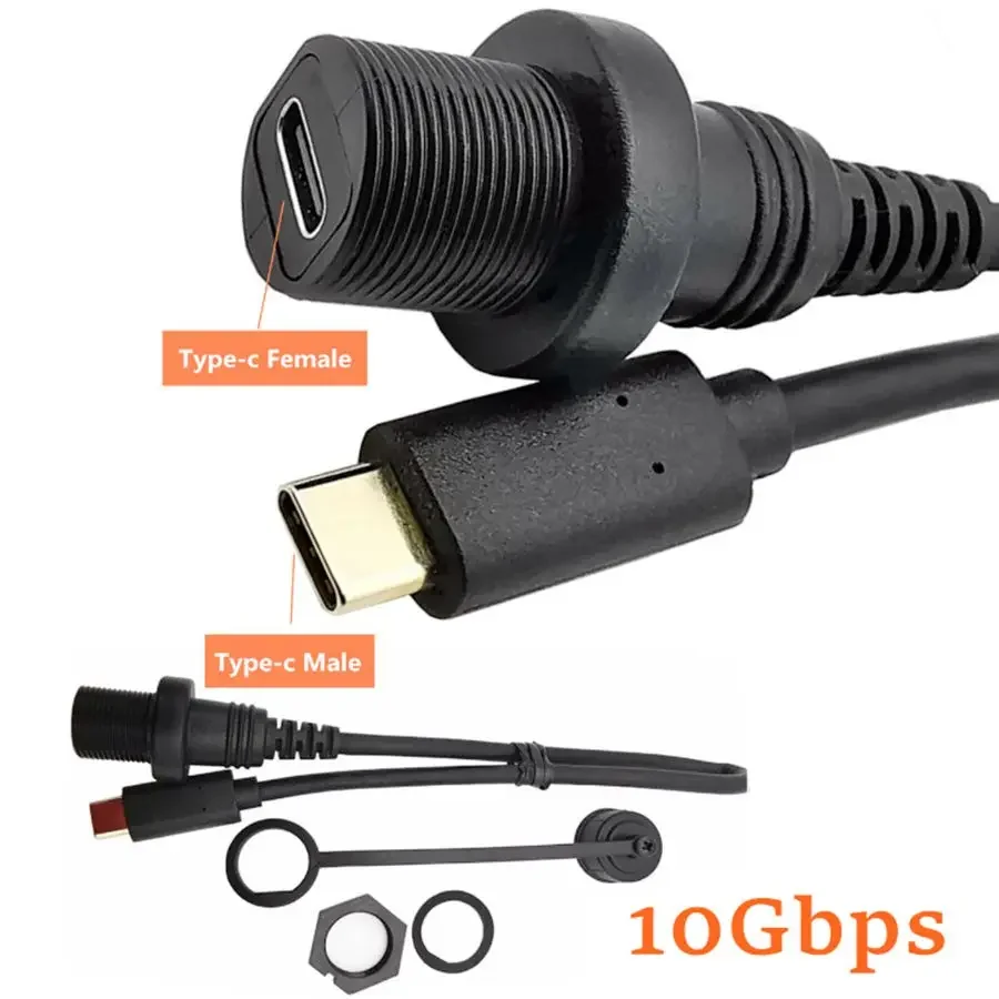 USB Type C 3.1 IP67 Waterproof 2.0 Male To Female Dashboard Flush Panel Mount Extension Cable Cord for Car Truck Boat Motorcycle