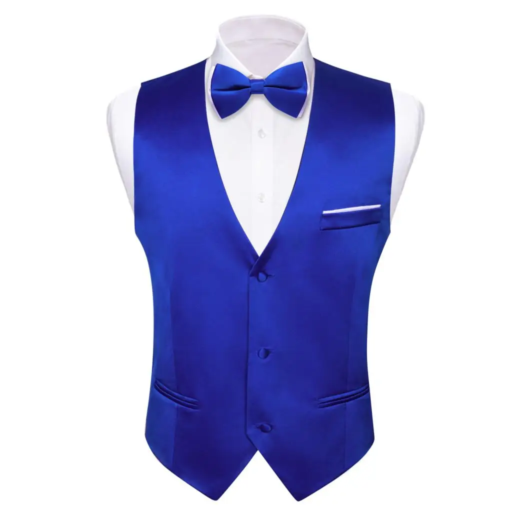 Designer Vest for Men Royal Blue Silk Solid Plain Waistcoat Bowtie Set V Neck Wedding Business Male Sleeveless Jacket Barry Wang