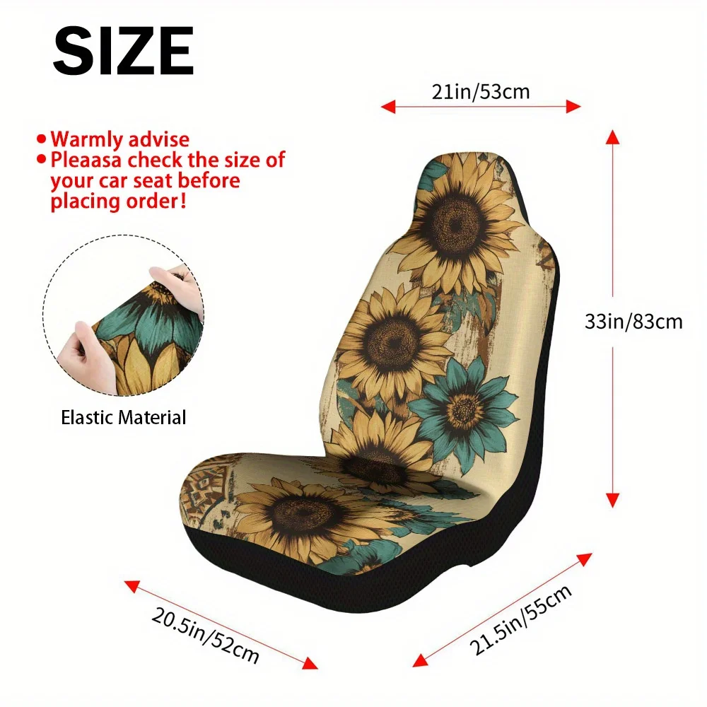 2pcs Boho Sunflower & Teal Blossoms Car Seat Covers Set - Full Set For Most Cars, High-Quality & Fashionable Car Seat Protector