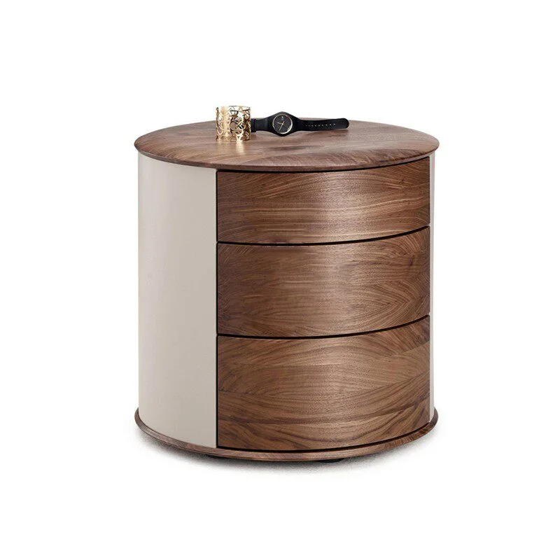 Round bedside table Household bedroom Small shelf Walnut three-layer bedside storage cabinet