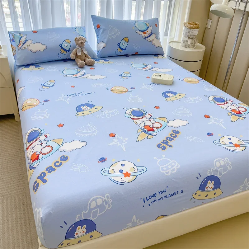 Cute Astronaut Fitted Sheet with 2 Pillowcase Twin for Kids Boys Cotton Cartoon Rocket Universe Planet Star Blue Bed Sheet Set