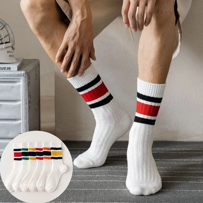 New Fashion Color Block Striped Mid-calf Sports Socks Men Women Breathable Cotton Socks Outdoor Running Basketball Cycling Socks