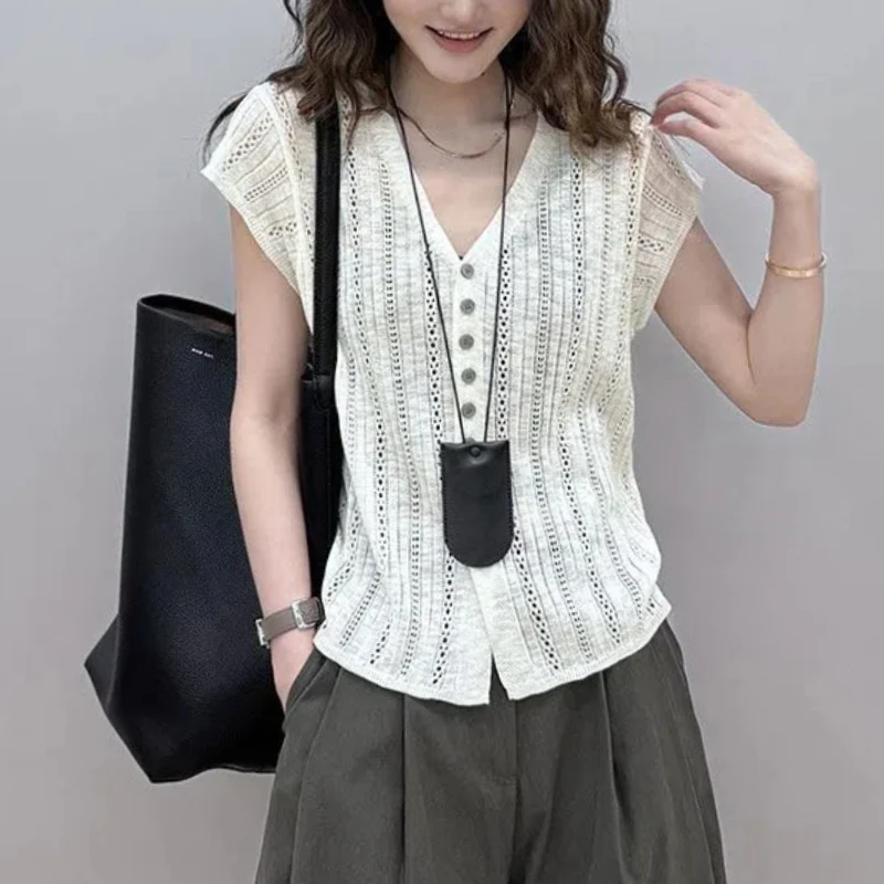 

Summer Women Clothing Cardigans T-Shirts Solid V-Neck Hollow Out Fashion Versatile Loose Short Sleeve Linen Knitted Casual Tops