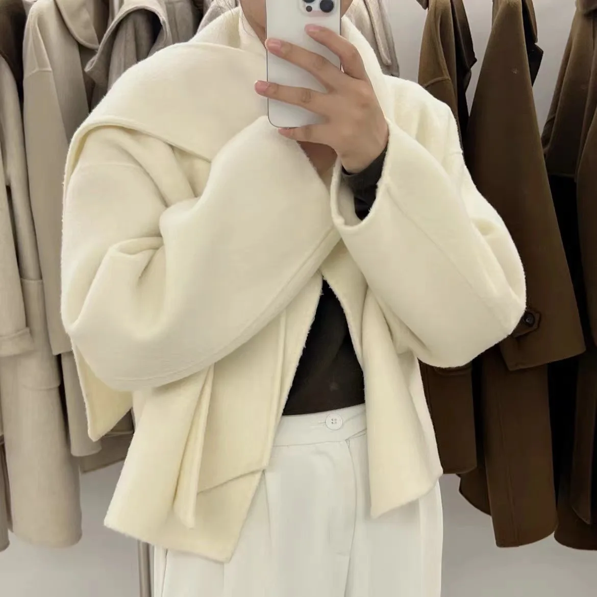 2024 Women Autumn Coats One Button Design Woolen Coat With Scarf Elegant Beige Gray Woolen Coat Veste Femme Tops