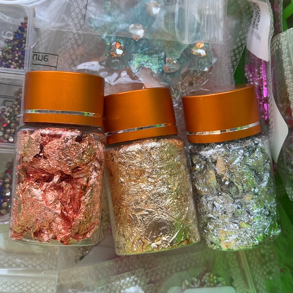 3D Shiny Gold Leaf Sequins Nail Art Foil Paper Charms Gold/Silver/Champagne Copper Foil Glitter Nail Flakes DIY Nail Dec Supplie