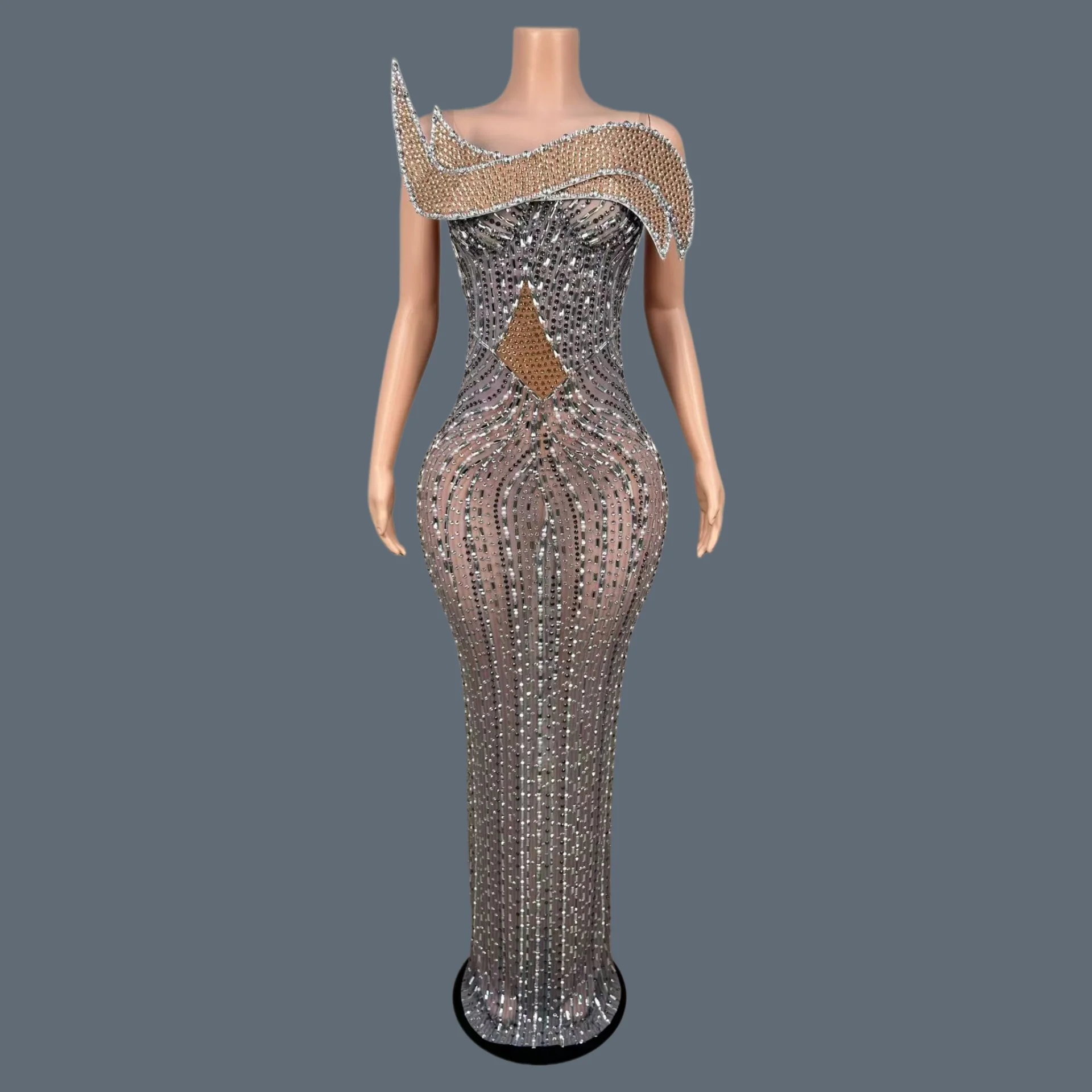 

Silver Gradient Rhinestone Mesh Mermaid Maxi Dress Off Shoulder 3D Diamond Cutout Sheer Pageant Stage Sexy Evening Gown Jija