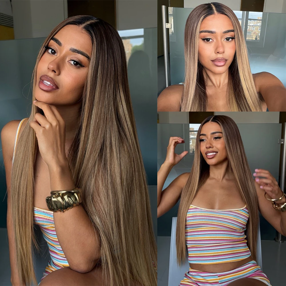 Highlight Honey Blonde Synthetic Wig HD Lace Front Wig Realistic Look Blend Human Hair Long Straight Wig Heat Resistant Fiber