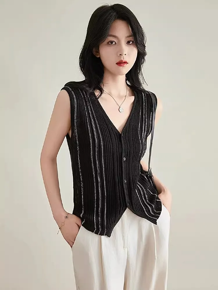 Faionable Knitted Svel V-Ne Cardigan Vest Versatile Top Slimming Straight Cut Commute Sle Korean Version Button D...