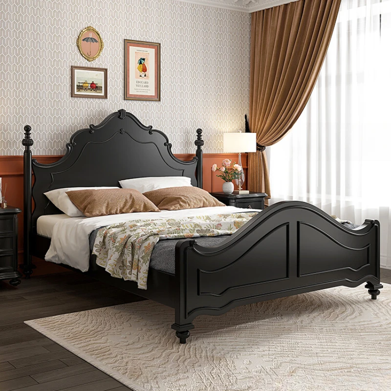 

French Style Double Bed Black Elegant Luxury Solid Wood Bed King Size Princess Cama Matrimonial Furniture Home