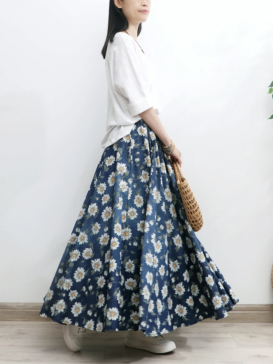 Free Shipping 2024 Deep Blue New Long Maxi Women Elastic High Waist Spring  Summer Denim Printed Flower Lady  A-Line Skirts