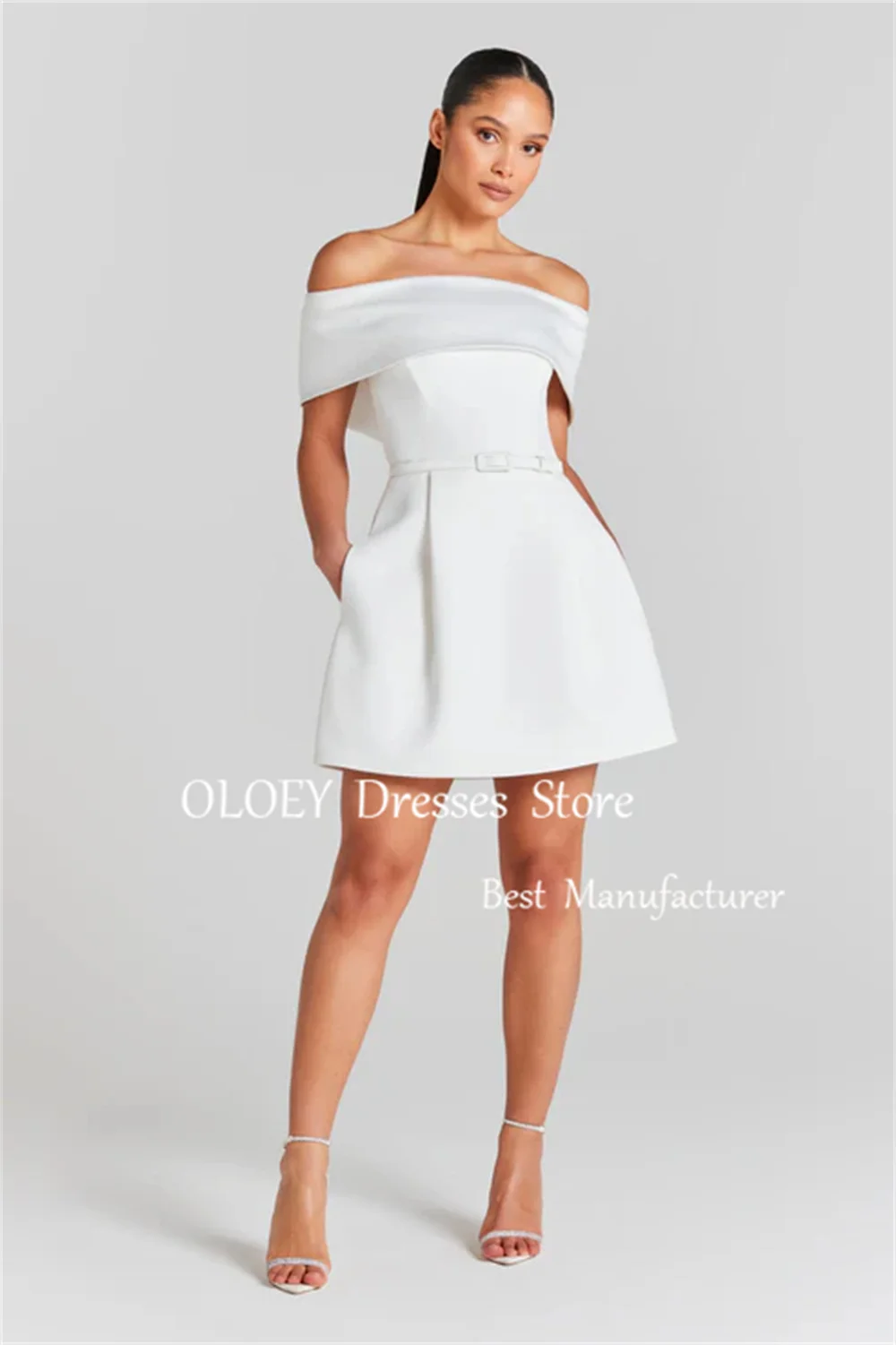 OLOEY Elegante 2025 Mini abito da sposa avorio con spalle scoperte Abito da cocktail corto da ballo Pieghe Perle Abito da ballo Zip posteriore Personalizzato