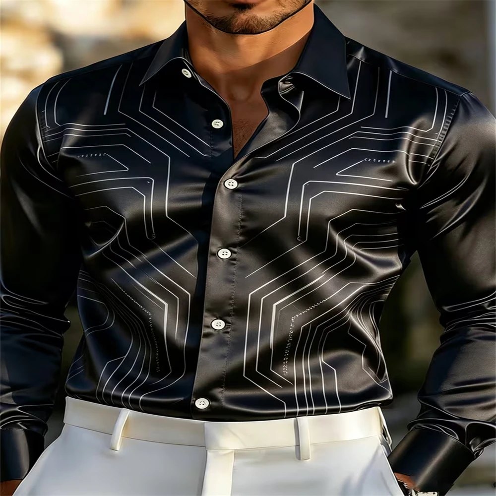 Mens Satin Silk Dress Shirt - Herren Satin Langarmhemd Luxuriöser Geometrischer Linien-Print