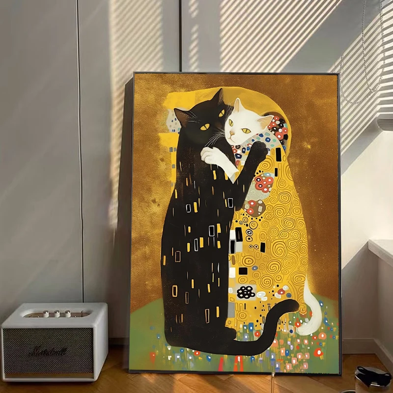 Vintage Kreative Parodie-Stil Katze Kitty Klimt Kuss Leinwanddruck Gemälde Poster Raumdekoration Wandkunst Bilder