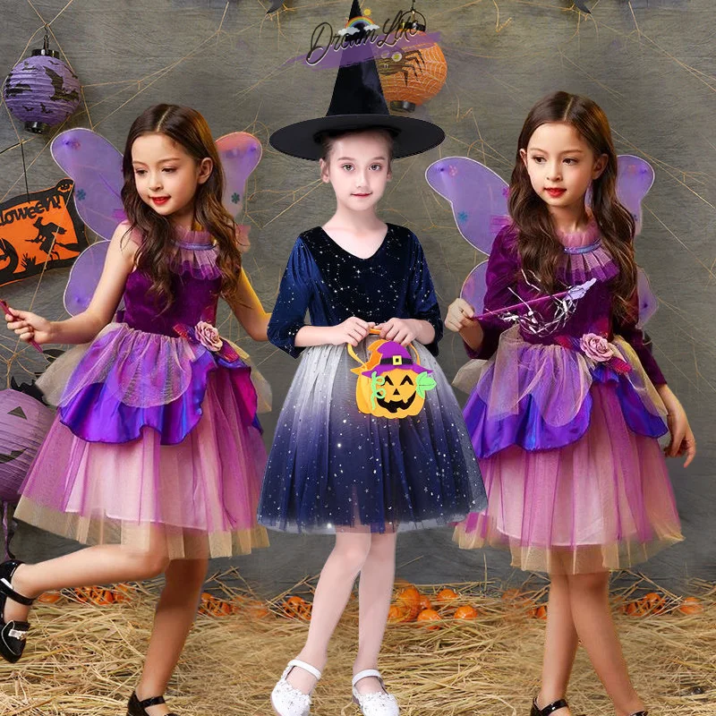 Disfraz de Halloween para Niños, Falda de Princesa Élfica, Conjunto Completo de Bruja, Maquillaje, Ropa para Actuación de Danza, Fiesta Temática de Cuentos de Hadas