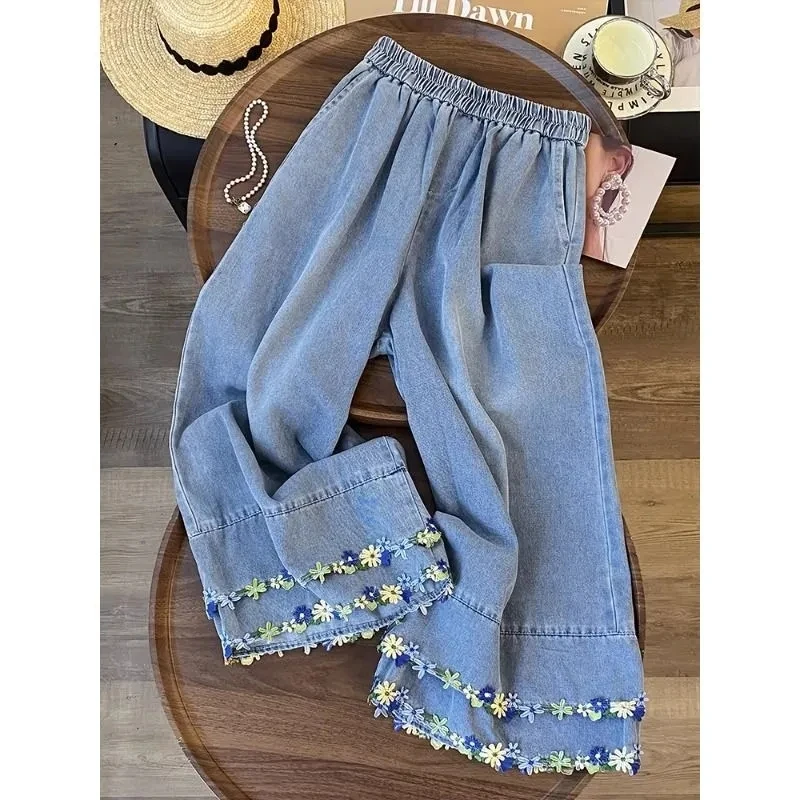 

Women Denim Wide Leg Pants Floral Embroidered Elastic Waist Casual Loose Trousers Light Washed Bohemian Summer Jeans