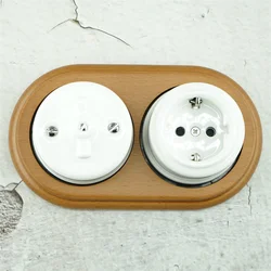 EU Standard Porcelain Ceramic Vintage Retro Sufrace-mounted Wall Switch And German Socket With Double Wooden Frame