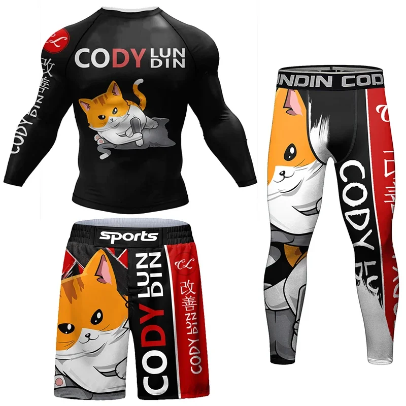 Nowa koszulka Jiu Jitsu Rashguard + spodnie męskie boks MMA brazylijski Grappling Bjj wysypka odzież sportowa spodenki Muay Thai Boxeo